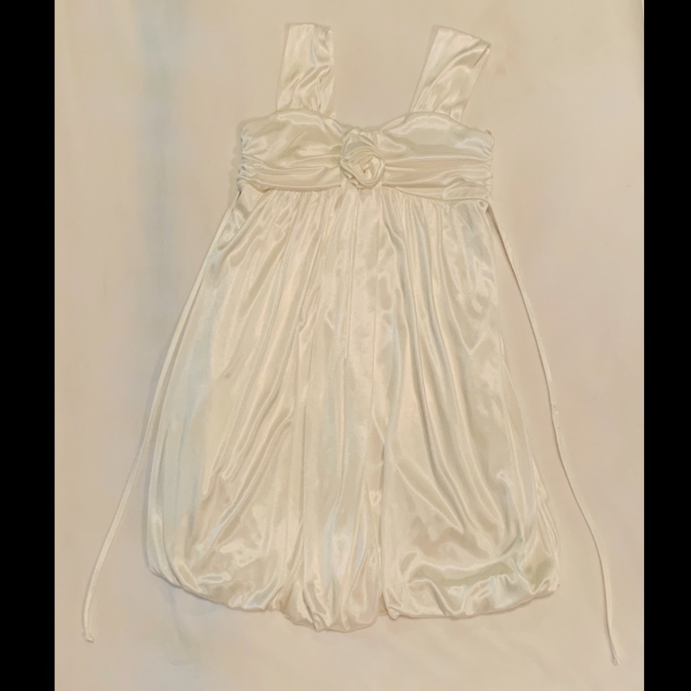 Cream, silky dress with rose detail